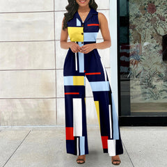 Eleganter Jumpsuit, bedruckt, ärmellos, V-Ausschnitt, eleganter Jumpsuit