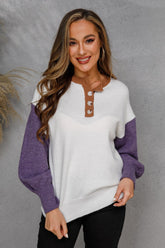 Henley-Pullover mit kontrastierendem Rippenbesatz und Laternenärmeln