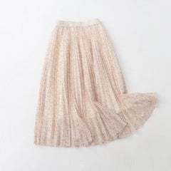 Fresh Sweet Skirt Printed High Waist Big Swing Pleated Mesh Skirt