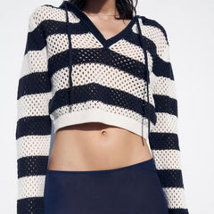 Hollow Out Cutout Pullover Hooded Striped Jacquard Mesh Knitted Top