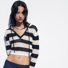 Hollow Out Cutout Pullover Hooded Striped Jacquard Mesh Knitted Top