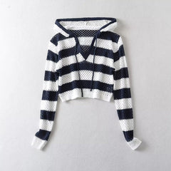 Hollow Out Cutout Pullover Hooded Striped Jacquard Mesh Knitted Top