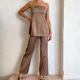 Schulterfreies Tube-Top, hohe Taille, gerader Hosenanzug