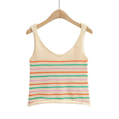 Colorful Striped Knitted Wide Strap Rolled Edge Vest Striped Knitted Shorts