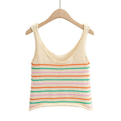 Colorful Striped Knitted Wide Strap Rolled Edge Vest Striped Knitted Shorts