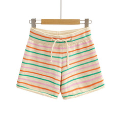 Colorful Striped Knitted Wide Strap Rolled Edge Vest Striped Knitted Shorts