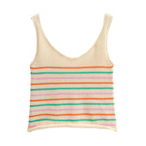 Colorful Striped Knitted Wide Strap Rolled Edge Vest Striped Knitted Shorts