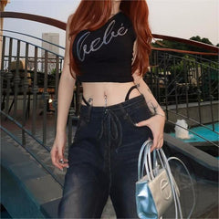 Trendy Off Shoulder Slim Fit Letters Rhinestone Cropped All Match Vest