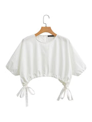 Pleated Shirt Korean Bow Pullover White Short Sleeve