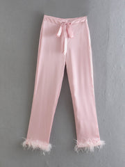 Lace up Feather Decoration Casual Straight Pants Trousers & TOP F00122614