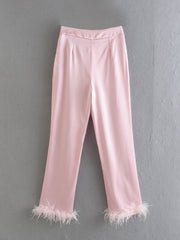 Lace up Feather Decoration Casual Straight Pants Trousers & TOP F00122614