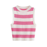 Vest Single Layer Short round Neck Large Striped Slim Slimming Sleeveless Knitted Running Fitness Top