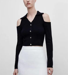 Fall Collared V neck off Shoulder Long Sleeve Single Breasted Skinny Knitted Top
