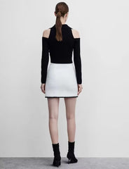Fall Collared V neck off Shoulder Long Sleeve Single Breasted Skinny Knitted Top