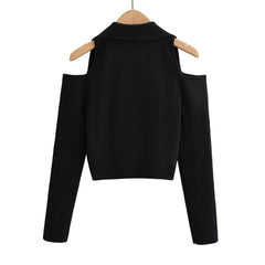 Fall Collared V neck off Shoulder Long Sleeve Single Breasted Skinny Knitted Top