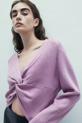 Pull court en maille torsadé élégant à col en V et amincissant