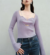 Gleiche Aushöhlen Cut-out Faux Zwei Stücke Dünne Bluse Langarm Gestrickte T shirt Chic