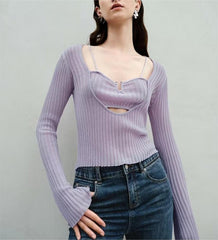 Same Hollow Out Cutout out Faux Two Pieces Thin Blouse Long Sleeve Knitted T shirt Chic