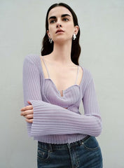 Same Hollow Out Cutout out Faux Two Pieces Thin Blouse Long Sleeve Knitted T shirt Chic