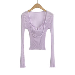 Same Hollow Out Cutout out Faux Two Pieces Thin Blouse Long Sleeve Knitted T shirt Chic