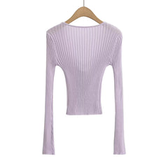 Same Hollow Out Cutout out Faux Two Pieces Thin Blouse Long Sleeve Knitted T shirt Chic