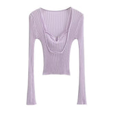 Same Hollow Out Cutout out Faux Two Pieces Thin Blouse Long Sleeve Knitted T shirt Chic