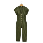 Army Green Long Jumpsuit V Neck Decorated Row Button Waist Trimming Short Sleeved Jumpsuit