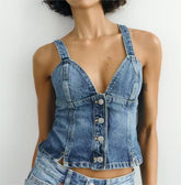 Einreihiges kurzes Denim-Tanktop mit V-Ausschnitt und Klammer