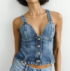 V neck Brace Single Breasted Short Denim Small Tank Top