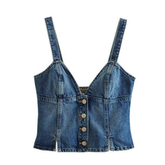 V neck Brace Single Breasted Short Denim Small Tank Top