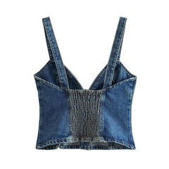 V neck Brace Single Breasted Short Denim Small Tank Top