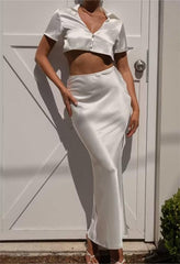 Chemise à manches courtes en satin de soie Ensemble jupe en satin de soie
