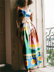 Printed Cotton Short Top High Waist Skirt