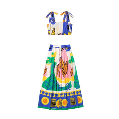 Printed Cotton Short Top High Waist Skirt