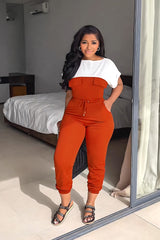 Slim Fit Waist Office Short Sleeve Color Matching Leggings Tapered Jumpsuit