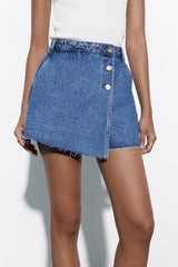 Casual Decorated Row Button Double Breasted Denim Skirted Leggings