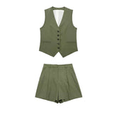 Ensemble gilet simple boutonnage, col en V, couleur unie, taille haute, pantalon large, short
