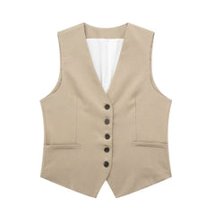 Ensemble gilet simple boutonnage, col en V, couleur unie, taille haute, pantalon large, short