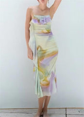 Printed Silk Net Pullover Pleated Laminated Decoration Cami Dress