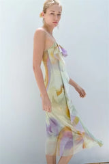 Printed Silk Net Pullover Pleated Laminated Decoration Cami Dress