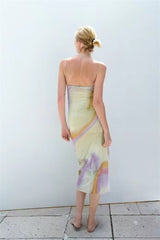 Printed Silk Net Pullover Pleated Laminated Decoration Cami Dress