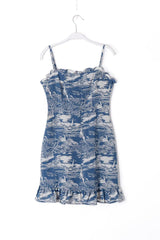 Elastic Printed A Line Short With Wooden Ear Back Retro Slim Fit Cami Dress