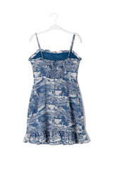 Elastic Printed A Line Short With Wooden Ear Back Retro Slim Fit Cami Dress