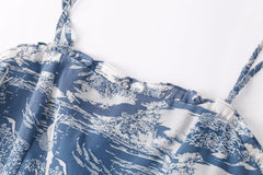 Elastic Printed A Line Short With Wooden Ear Back Retro Slim Fit Cami Dress