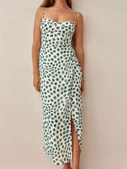 Design Pleated Irregular Asymmetric Slit Cami Dress Waist Slimming Midi Dress