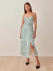 Design Pleated Irregular Asymmetric Slit Cami Dress Waist Slimming Midi Dress