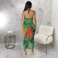 Sleeveless Lace up Backless Dress Split Printed Dress