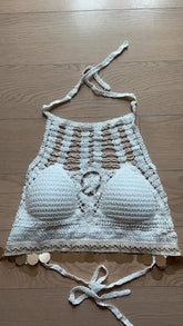 Bright Leaf Crocheted Hollow Sling Rear Strap Top