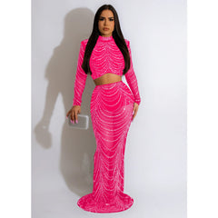 Tragen Sie einfarbiges Mesh-Bohr-Langarmkleid, zweiteiliges Set