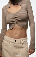 Chest Hollow Out Cutout Elastic Bottoming Top Long Sleeve Slim Fit Knitwear